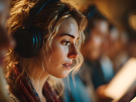 A young woman with curly blonde hair is wea headphones and listening intently in a softly lit environment.