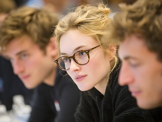 A blonde woman with glasses looks intently while sitting between two young men in a focused group setting.