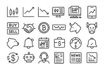 Stock Market & Online Trading Line Icons: Finance, Investment & Cryptocurrency Vector Set