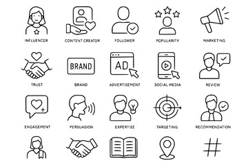 Influencer Marketing & Social Media Line Icons: Digital Content & Brand Promotion Vector Set