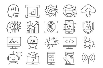 Digitalization & AI Technology Line Icons: Artificial Intelligence, Data & Future Tech Vector Set