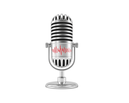 Silver microphone with red waveform