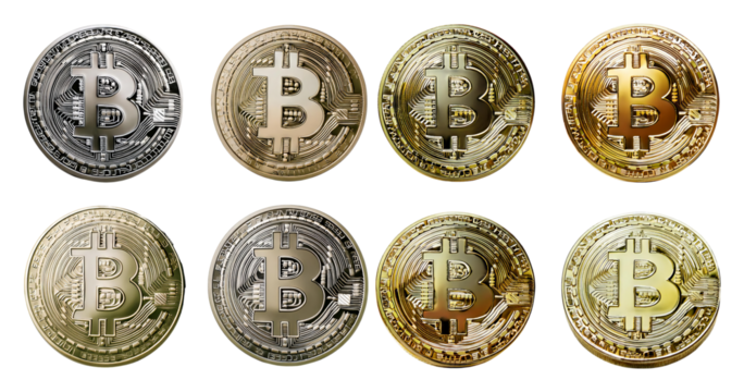 Various Bitcoin Coins Displayed in Different Colors and Textures, isolated on transparent background - Powered by Adobe