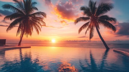 Tropical pool sunset, palm trees