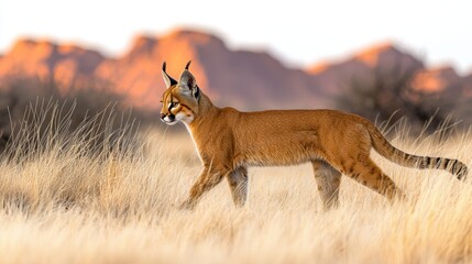 Fototapeta premium Caracal kitten, golden fur, walks through tall grass, desert landscape