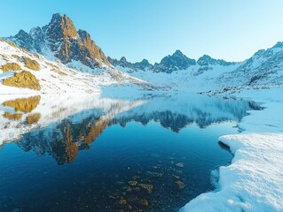 Calm winter lake mirroring snow-capped mountains