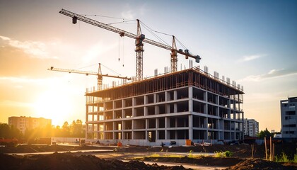Construction site with cranes at sunset
