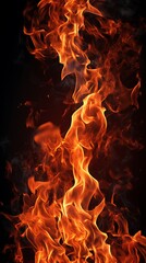 Fire flames isolated on black background, abstract blaze fire flame texture background