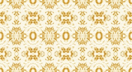Repeating geometric pattern with symmetrical floral and abstract elements in gold and cream.