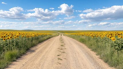 Dirt road meanders through vibrant sunflower fields under bright blue sky
