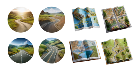 Scenic Roads and Maps in Beautiful Landscapes, PNG collection, set bundle, isolate on transparent or white background