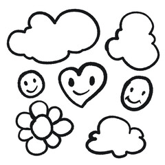 Cute Doodle Set of Clouds, Smiles, and a Flower