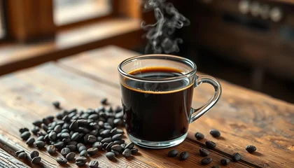 Fotobehang Steaming cup of dark roast coffee on rustic wood table, energy, cup © Nopphawan