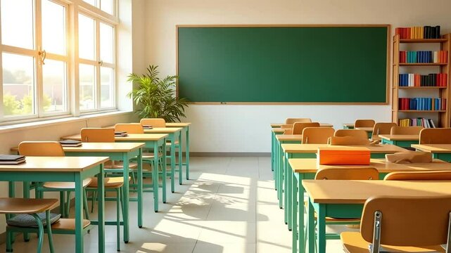 Empty classroom with desks chairs green chalkboard and sunlight through windows
