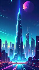 Bustling futuristic city alive with neon lights and luminous teal accents under the night sky
