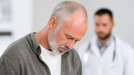 Fototapeta premium Older man with grey hair looks down, doctor is blurred in the background, concerned, anxious, seeking medical attention.