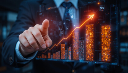 Cost reduction and quality improvement concept with businessman hand pointing at digital chart showing rising quality and declining cost indicators, business strategy for efficiency and productivity.