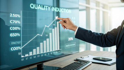 Cost reduction and quality improvement concept with businessman hand pointing at digital chart showing rising quality and declining cost indicators, business strategy for efficiency and productivity.