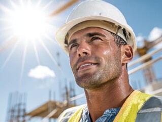 Close-up of sweaty construction worker wearing a hard hat, looking up at the bright sun on site.