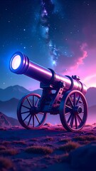 Striking hilltop cannon with soft lavender glow enhanced by textures in sci-fi style