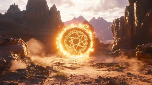 Fiery mystical portal in a desert landscape