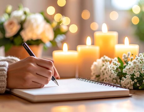 Hands writing in a notebook, candles, flowers - Powered by Adobe
