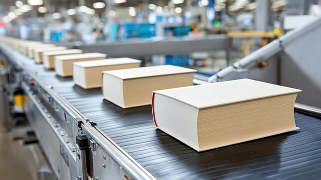 Thick books move along a conveyor belt, in a book binding and printing factory.