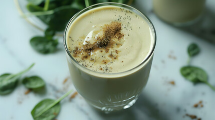 Delicious spinach smoothie with spices showcased on marble, a healthy and refreshing beverage choice, perfect for a nutritional diet.