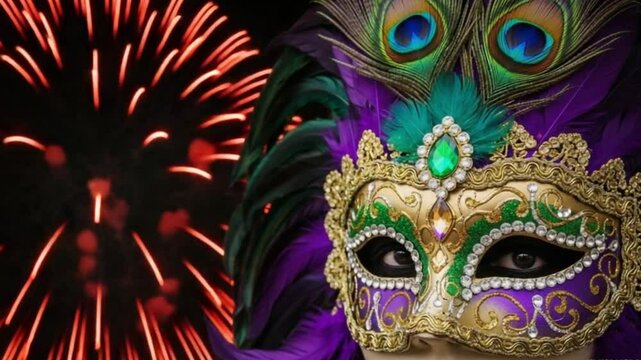 Elegant and colorful venetian mask with peacock feathers against a dark background showing sparkles 4K Ai HD video.
