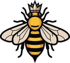 Cute Queen Bee Vector Illustration – Smiling Royal Bee Icon with Crown