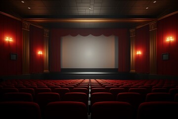 Movie or theater auditorium with red curtains and seats.