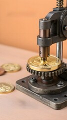 Coin press in action minting gold coin with stock overlays set on peach&mdash;industrial meets financial precision for investment advertising.