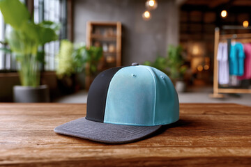 Colorful snapback cap with black and blue panels and gray brim on wooden table in cozy room