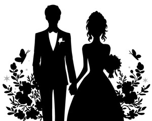 silhouette of bride and groom, silhouette of married couple, icon isolated on white background
