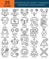 Naklejka premium Interdisciplinary thinking manages management icons in line style. Containing Collaboration, Synergy, Integration, Innovation, Strategy, Decision, System, Creativity, Adaptation, Analysis and more 