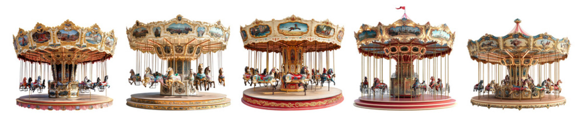 Vintage Carousel Rides in Various Colors and Designs, PNG bundle collection, Isolated on Transparent Background