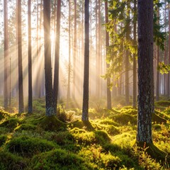 Fototapeta premium A serene forest scene where golden sunbeams filter through lush green leaves, casting dappled light on the forest floor, creating a magical atmosphere.