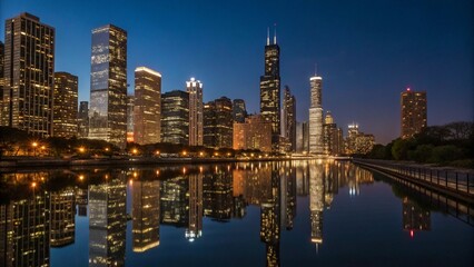 Chicago skyline reflecting in the water at night with illuminated buildings and dark sky