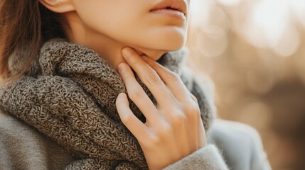 Person holding neck in discomfort with loosely wrapped warm scarf, concept of winter health issues, seasonal pain and self care for sore muscles