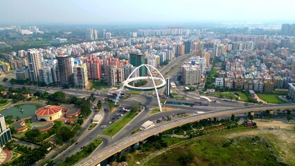 Aerial view of Biswa Bangla Gate, This is an arch-monument in the city of New Town, Kolkata, West Bengal, India.