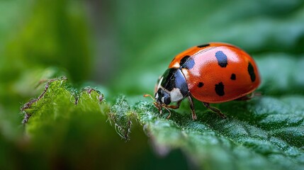 Obraz premium Ladybug Walking on a Green Leaf in Nature
