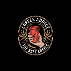 Hand Holding Coffee Cup Vintage Badge Logos for Branding and Apparel