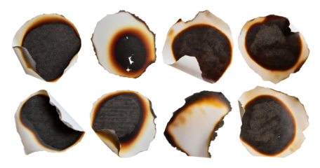 Burned Paper Edges Set with Dark Textured Backgrounds in Various Shapes, isolated on transparent background