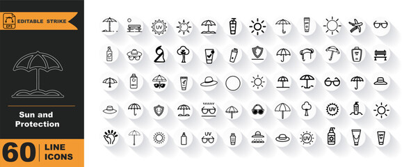Sun and Protection Outline Icons – UV, Sunscreen, Sunglasses, Beach, Summer Vector