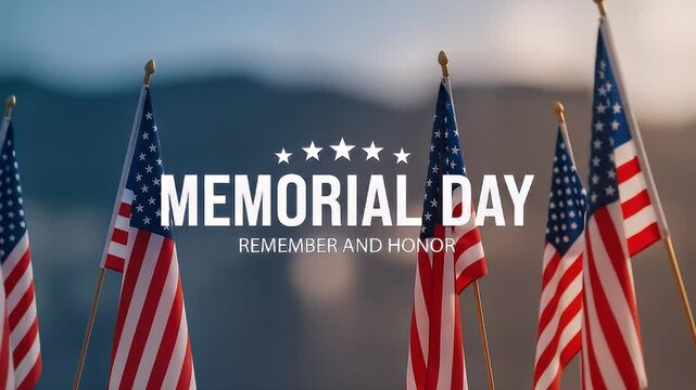 Memorial Day Remembrance American Flags Wave Against a Mountain Vista
