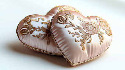 Fototapeta premium Soft heart shaped pillows with elegant floral embroidery in pastel colors create romantic atmosphere, perfect for Valentine Day