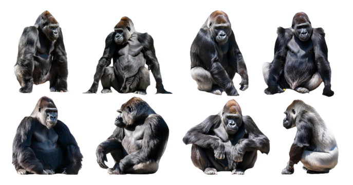 Gorillas sitting and standing in various poses isolated on transparent background