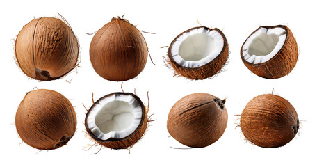 Fresh Coconut Shells Whole and Halved on White Background, Bundle Set Collection, Isolated on Transparent Background