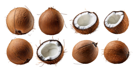 Fresh Coconut Shells Whole and Halved on White Background, Bundle Set Collection, Isolated on Transparent Background