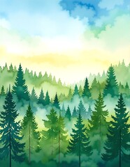 A vibrant painting depicting tall, lush trees in a serene forest, with dappled sunlight filtering through the leaves, creating a tranquil atmosphere.